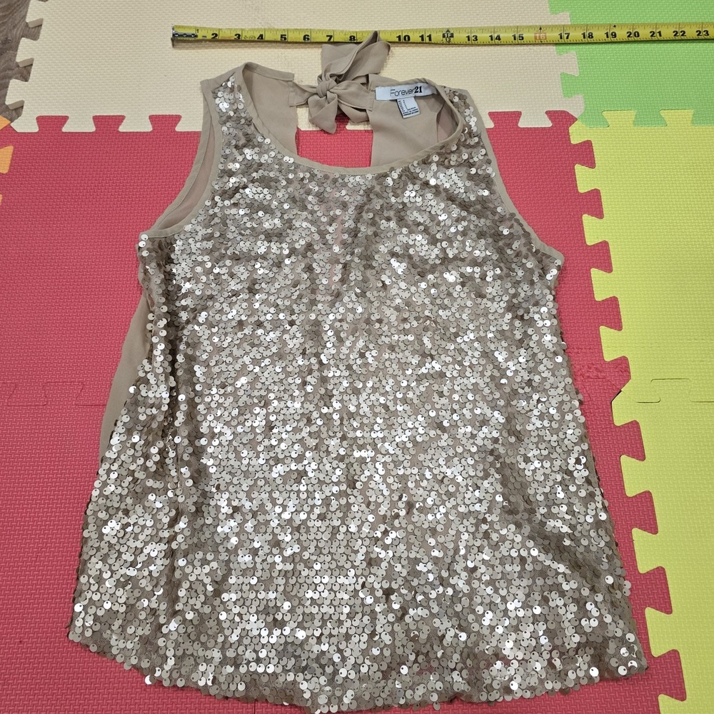Forever 21 Sparkling‎ Gold Sequin Halter Tank Top Open Back Bow Neck Women's...